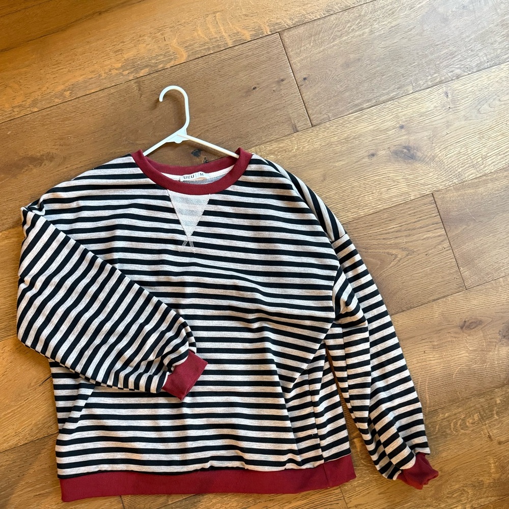 Free People Black and White Striped Sweater with Red Accents
